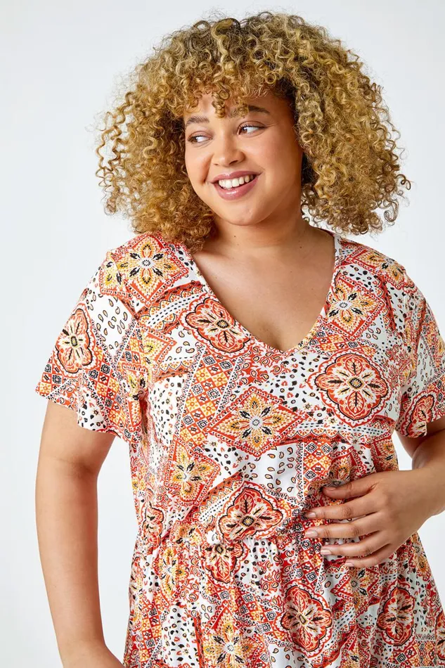Women Orange Curve Geometric Print VNeck Stretch Top Roman Tops