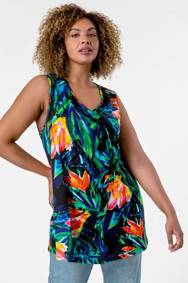Women Orange Curve VNeck Tropical Print Top Roman Tops