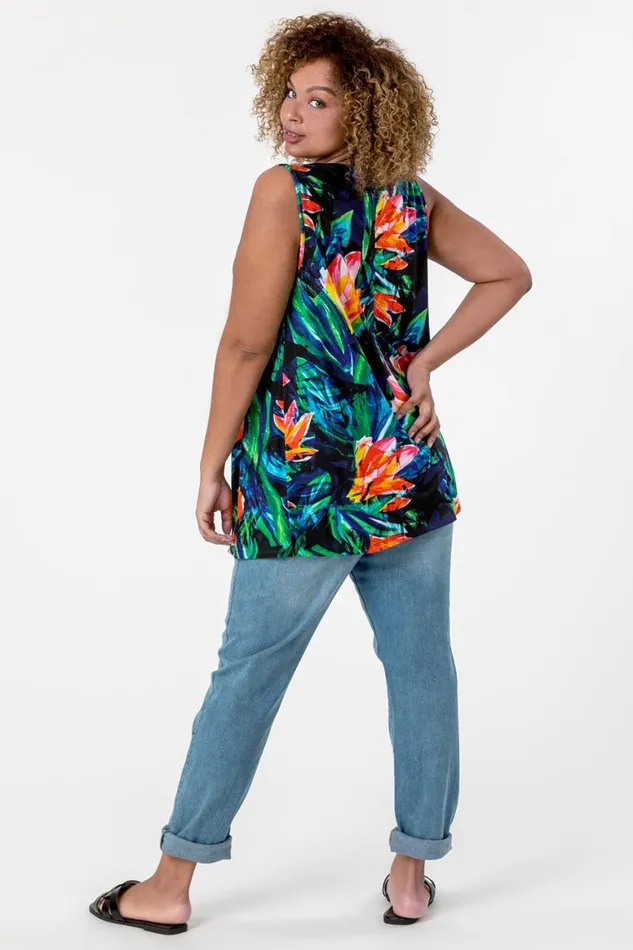 Women Orange Curve VNeck Tropical Print Top Roman Tops