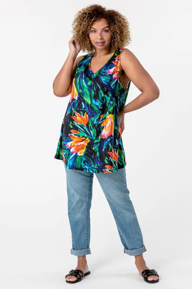 Women Orange Curve VNeck Tropical Print Top Roman Tops