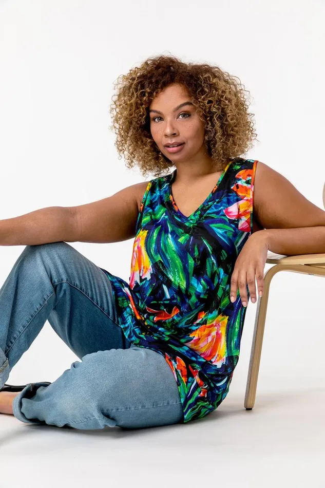Women Orange Curve VNeck Tropical Print Top Roman Tops