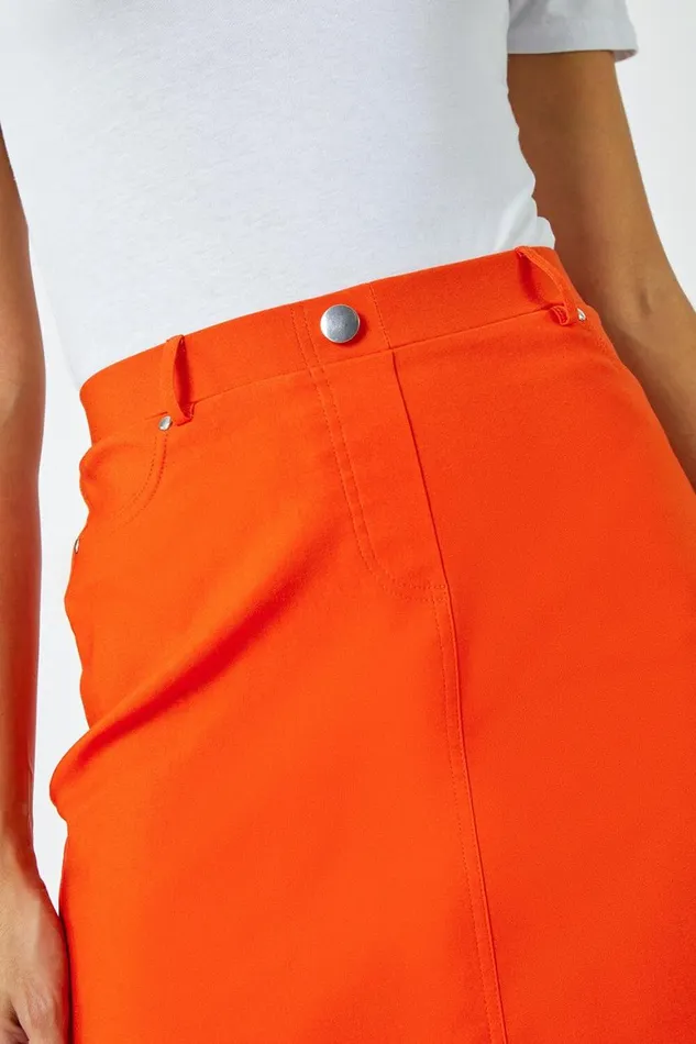 Women Orange Elastic Waist Straight Stretch Skirt Roman Skirts