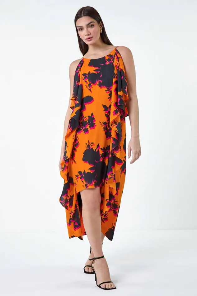 Women Orange Floral Chiffon Ruffle Detail Midi Dress Roman Dresses