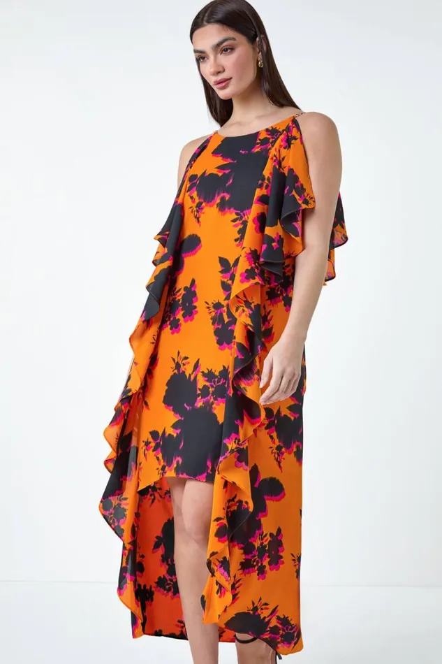 Women Orange Floral Chiffon Ruffle Detail Midi Dress Roman Dresses
