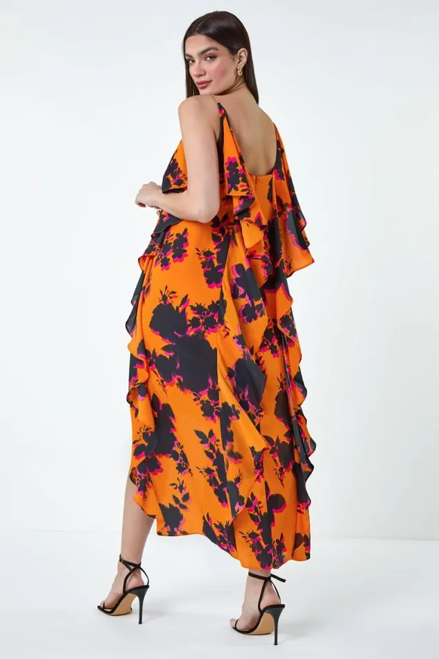 Women Orange Floral Chiffon Ruffle Detail Midi Dress Roman Dresses