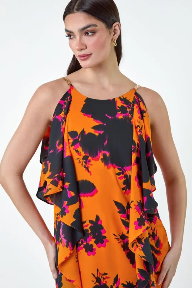 Women Orange Floral Chiffon Ruffle Detail Midi Dress Roman Dresses