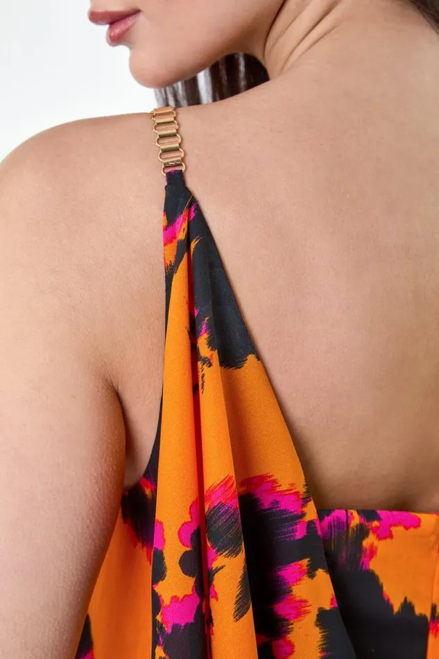 Women Orange Floral Chiffon Ruffle Detail Midi Dress Roman Dresses