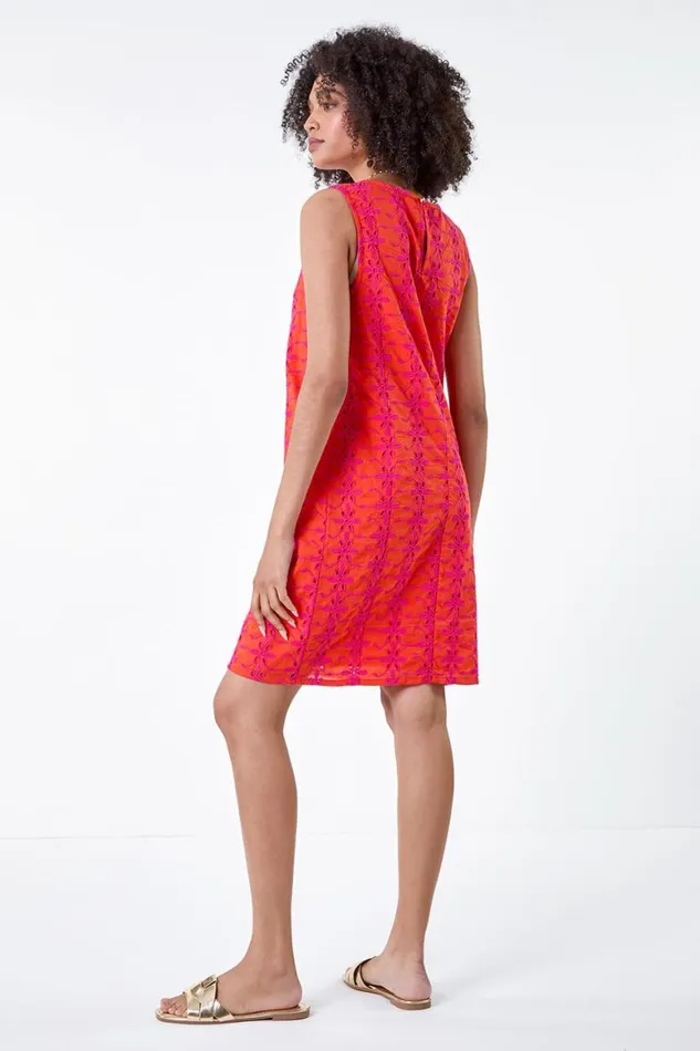 Women Orange Floral Embroidered Cotton Shift Dress Roman Dresses