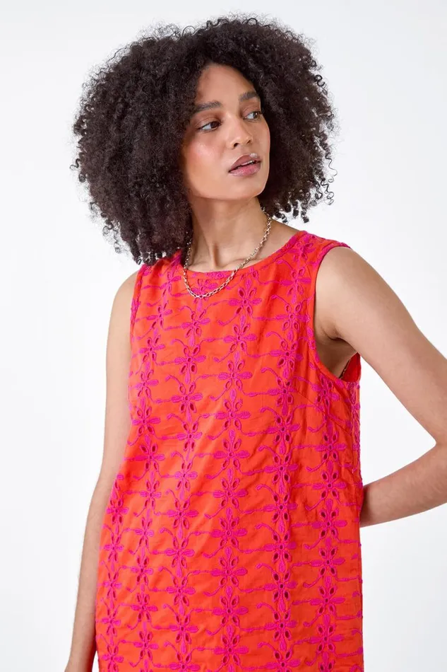 Women Orange Floral Embroidered Cotton Shift Dress Roman Dresses