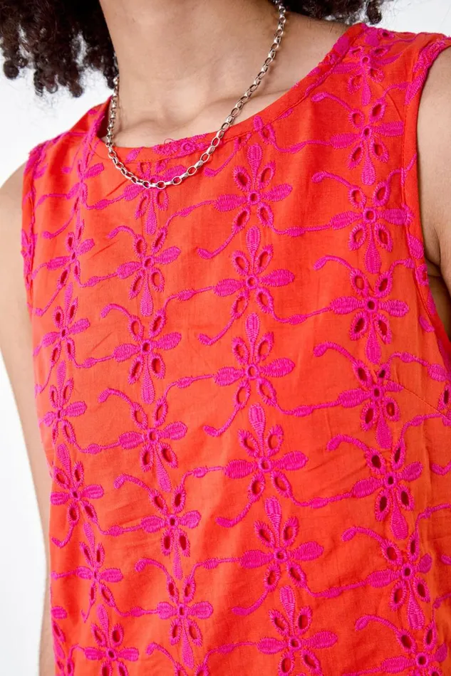 Women Orange Floral Embroidered Cotton Shift Dress Roman Dresses