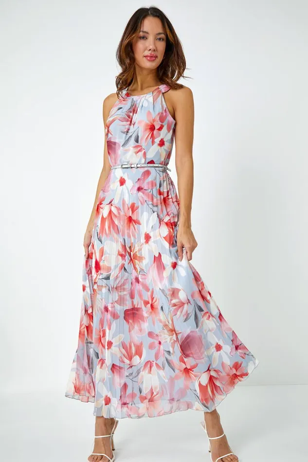 Women Orange Floral Pleated Halterneck Maxi Dress Roman Dresses