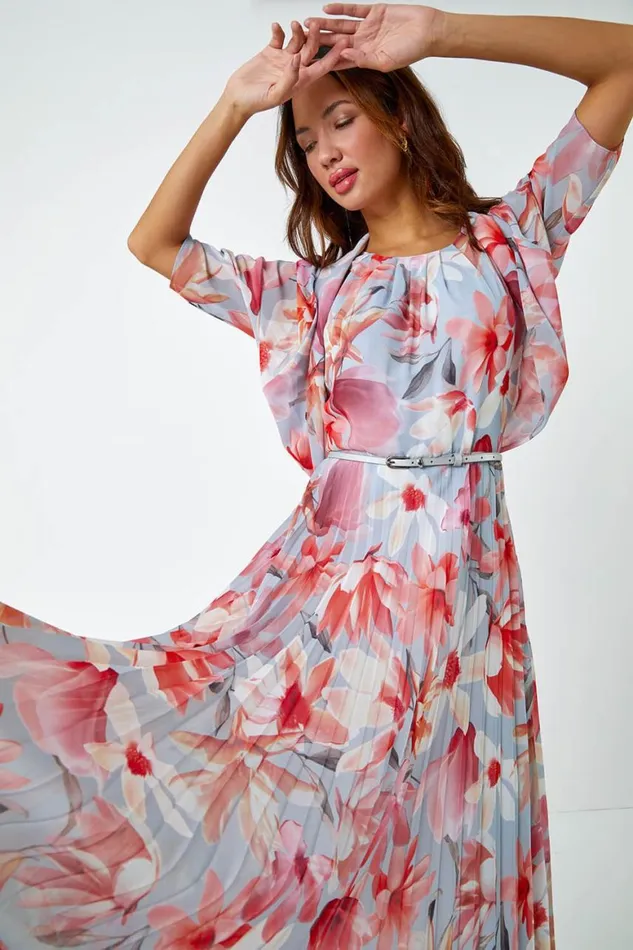 Women Orange Floral Pleated Halterneck Maxi Dress Roman Dresses