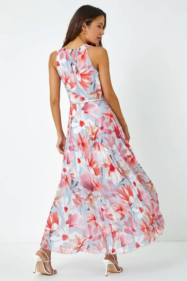 Women Orange Floral Pleated Halterneck Maxi Dress Roman Dresses