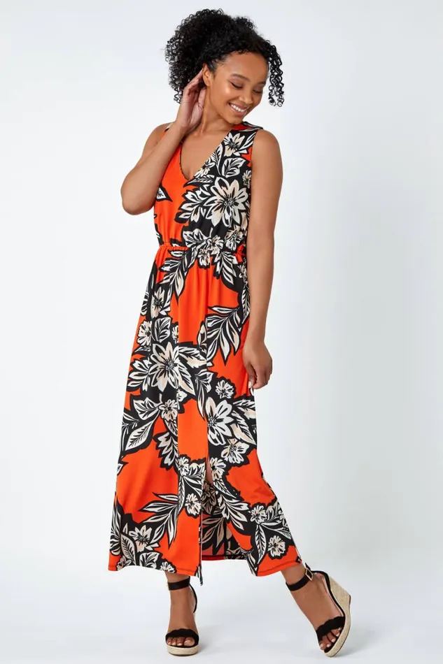 Women Orange Petite Floral Print Stretch Maxi Dress Roman Dresses