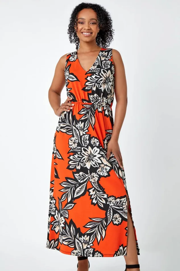 Women Orange Petite Floral Print Stretch Maxi Dress Roman Dresses