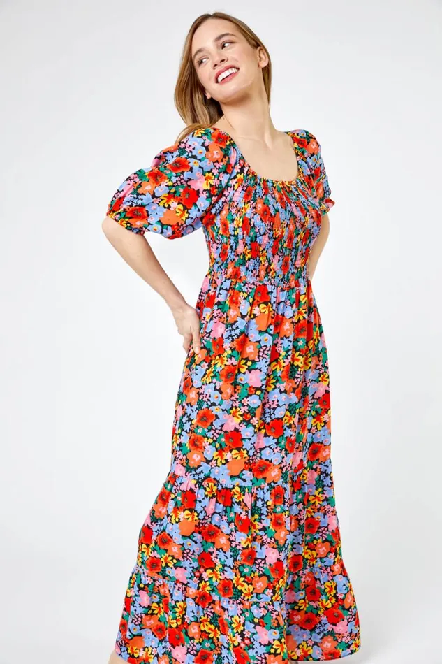 Women Orange Petite Floral Shirred Maxi Dress Roman Dresses