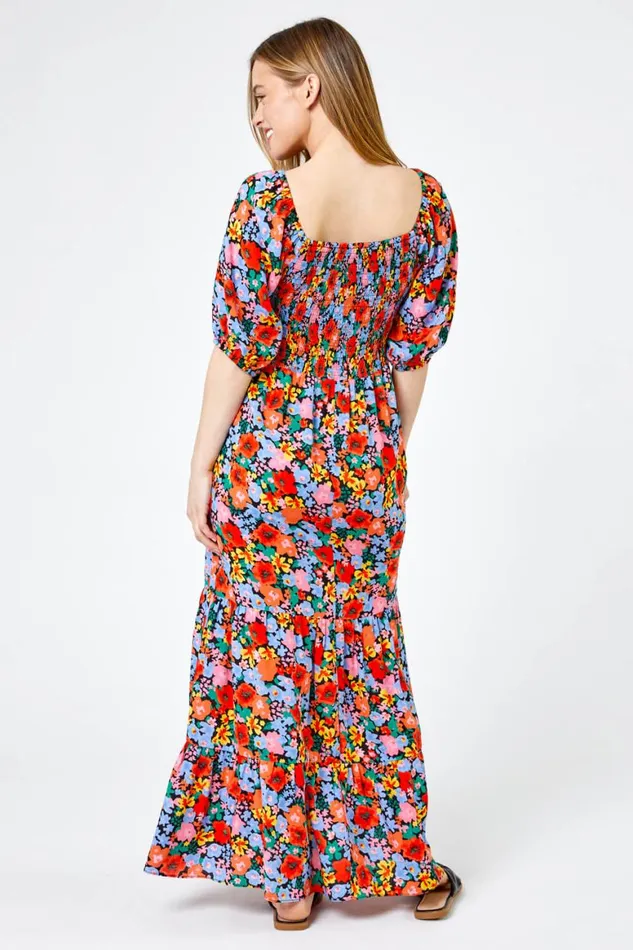 Women Orange Petite Floral Shirred Maxi Dress Roman Dresses