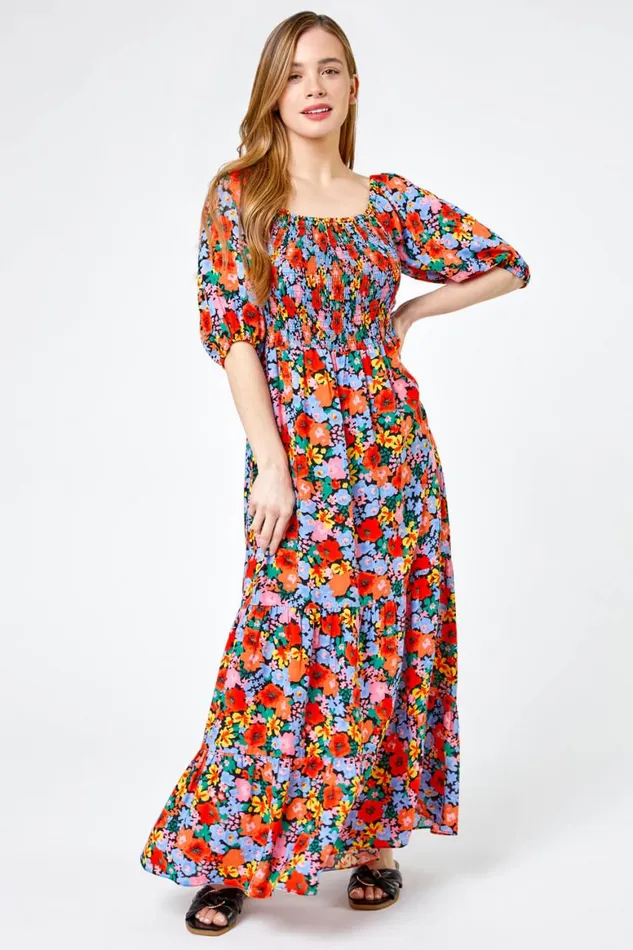 Women Orange Petite Floral Shirred Maxi Dress Roman Dresses