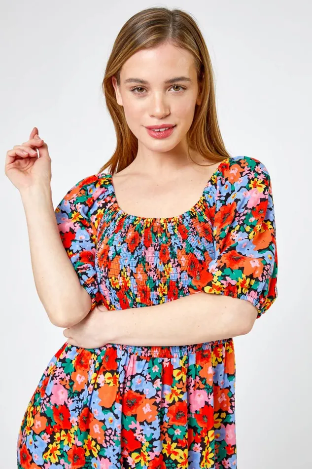 Women Orange Petite Floral Shirred Maxi Dress Roman Dresses