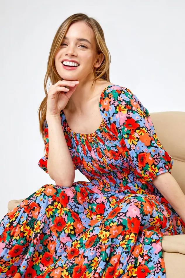 Women Orange Petite Floral Shirred Maxi Dress Roman Dresses