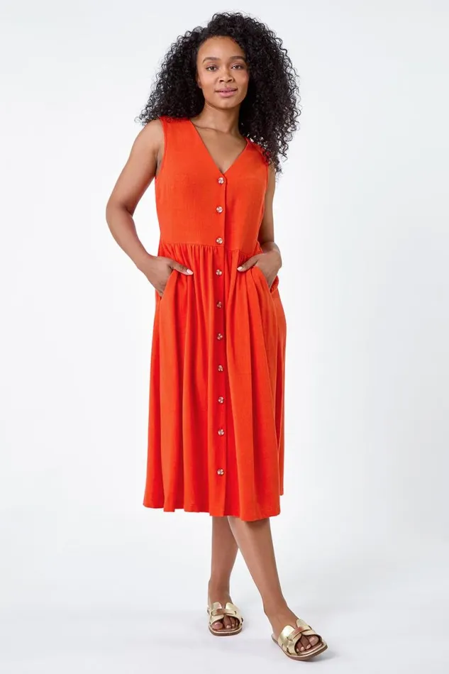 Women Orange Petite Linen Blend Pocket Button Midi Dress Roman Dresses