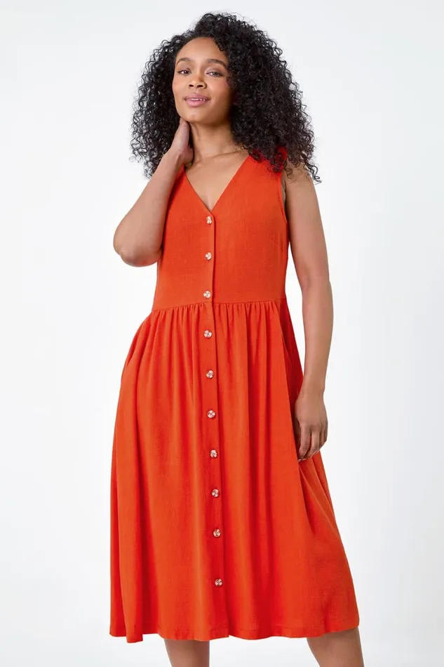 Women Orange Petite Linen Blend Pocket Button Midi Dress Roman Dresses