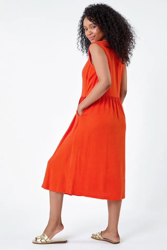 Women Orange Petite Linen Blend Pocket Button Midi Dress Roman Dresses