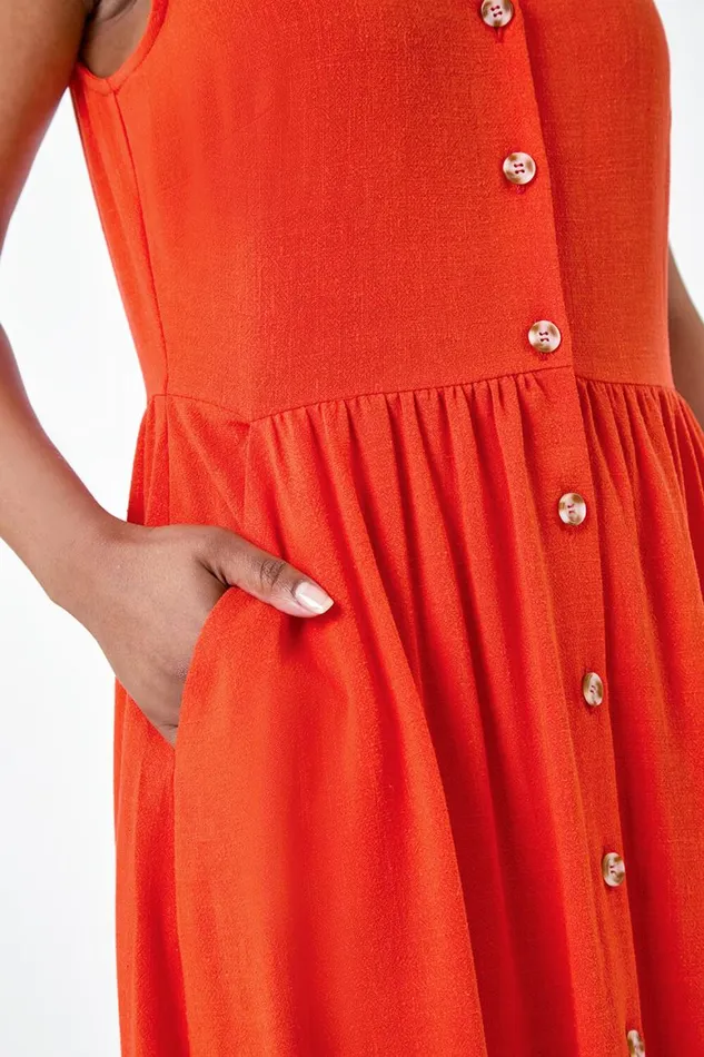 Women Orange Petite Linen Blend Pocket Button Midi Dress Roman Dresses