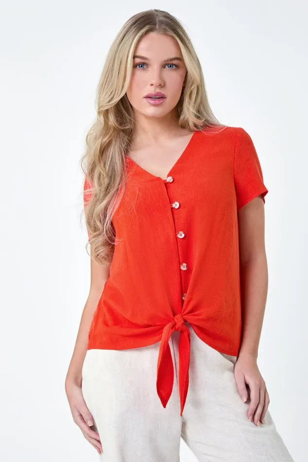 Women Orange Petite Plain Linen Blend Tie Top Roman Tops