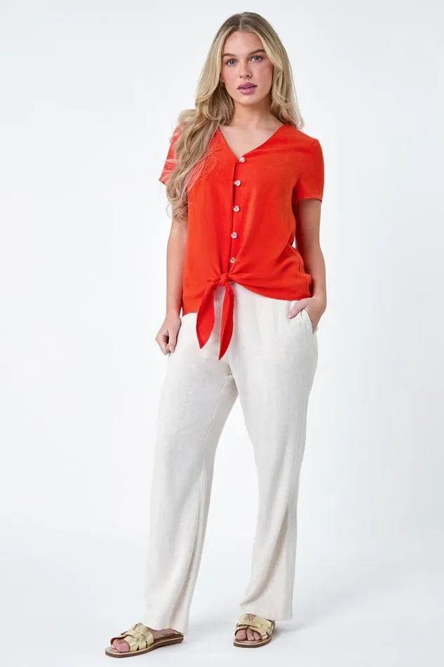 Women Orange Petite Plain Linen Blend Tie Top Roman Tops