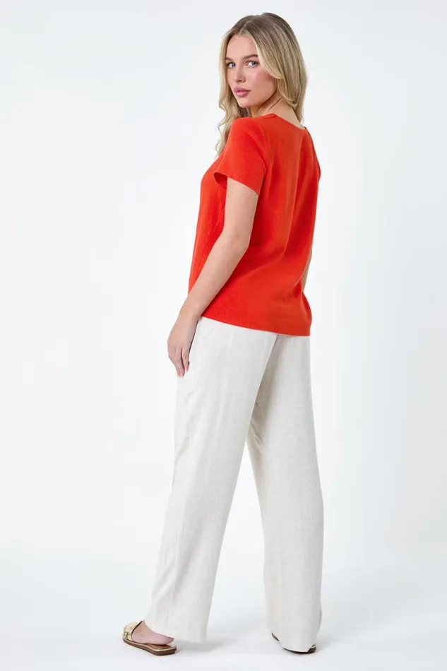 Women Orange Petite Plain Linen Blend Tie Top Roman Tops