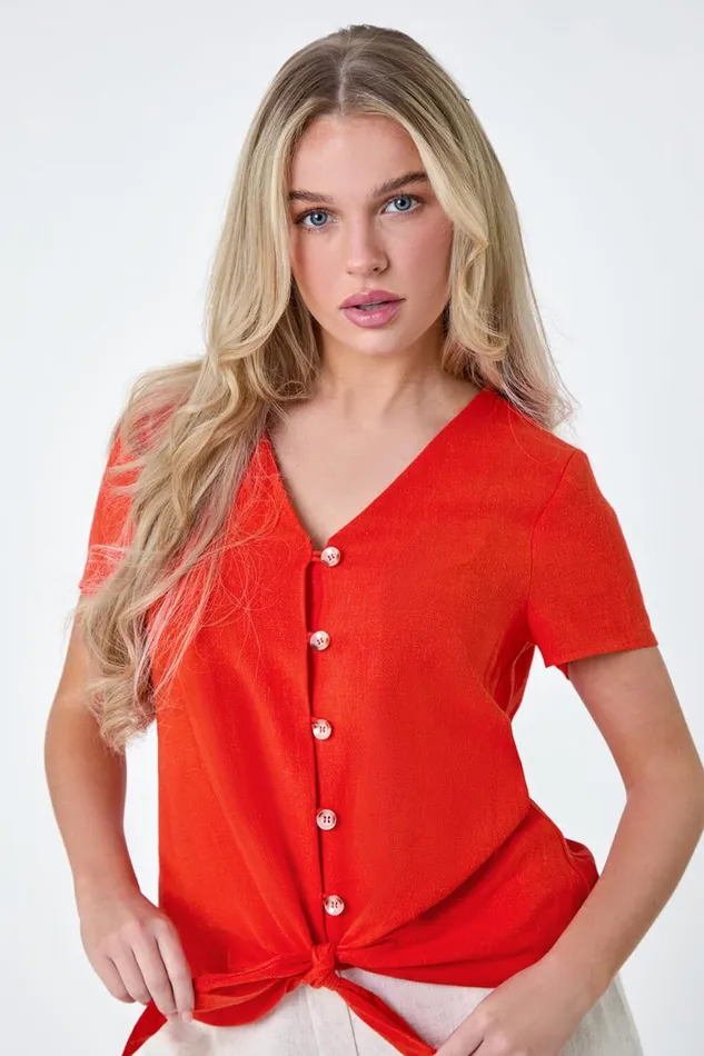 Women Orange Petite Plain Linen Blend Tie Top Roman Tops