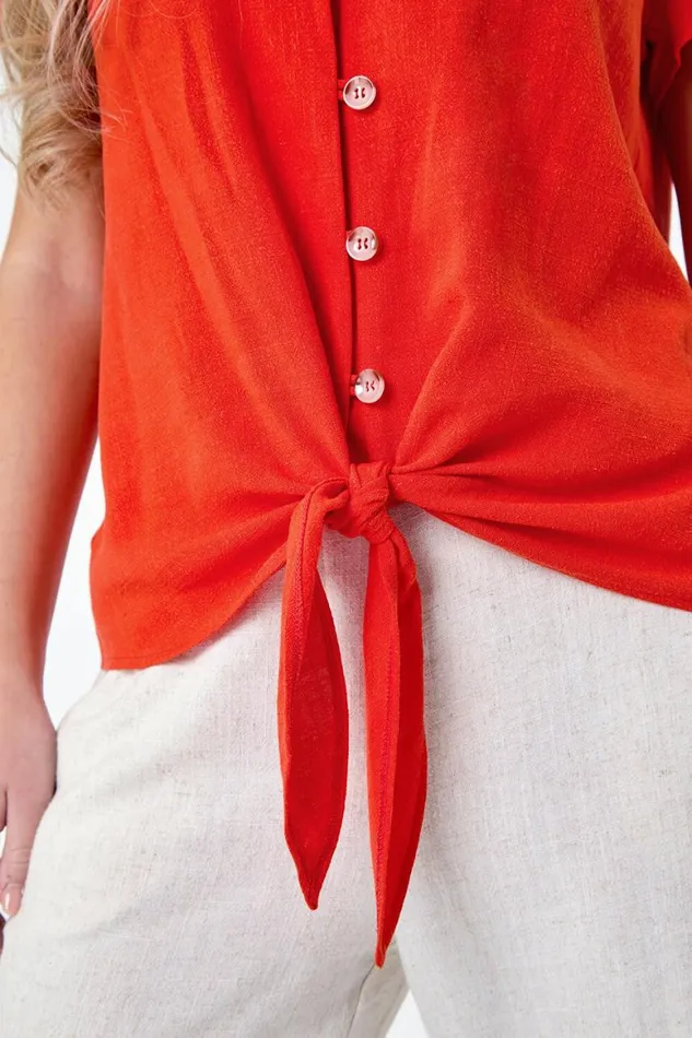 Women Orange Petite Plain Linen Blend Tie Top Roman Tops