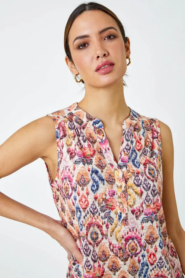 Women Orange Sleeveless Aztec Print Top Roman Tops