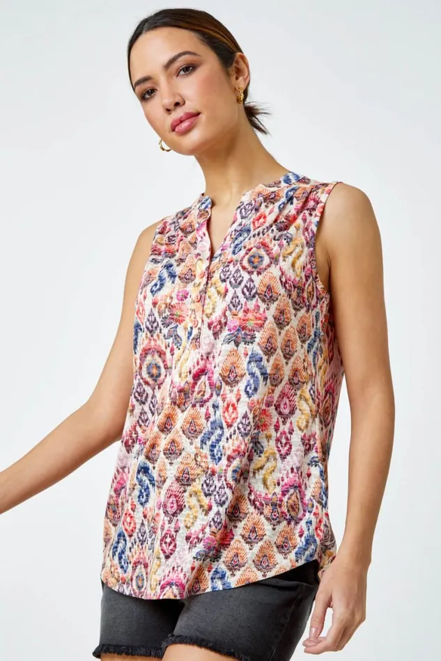 Women Orange Sleeveless Aztec Print Top Roman Tops