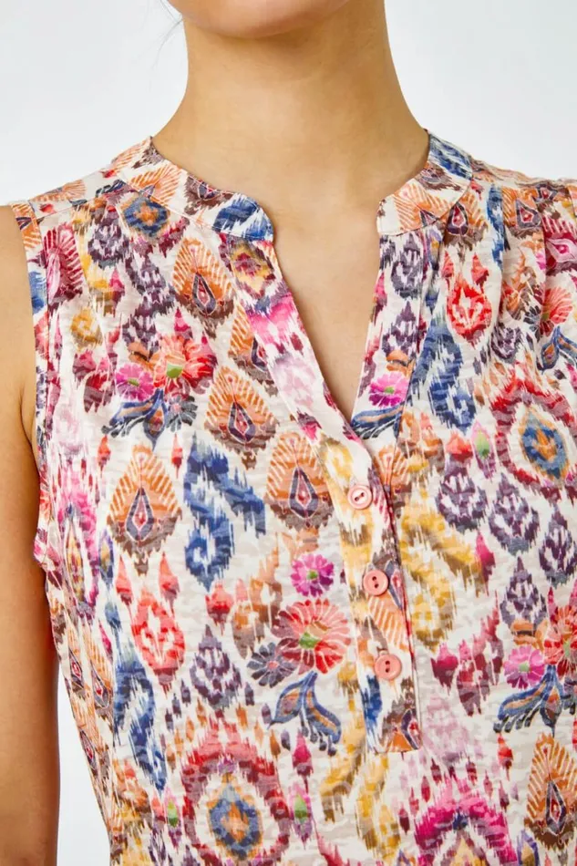 Women Orange Sleeveless Aztec Print Top Roman Tops