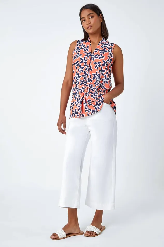Women Orange Sleeveless VNeck Floral Print Stretch Top Roman Tops