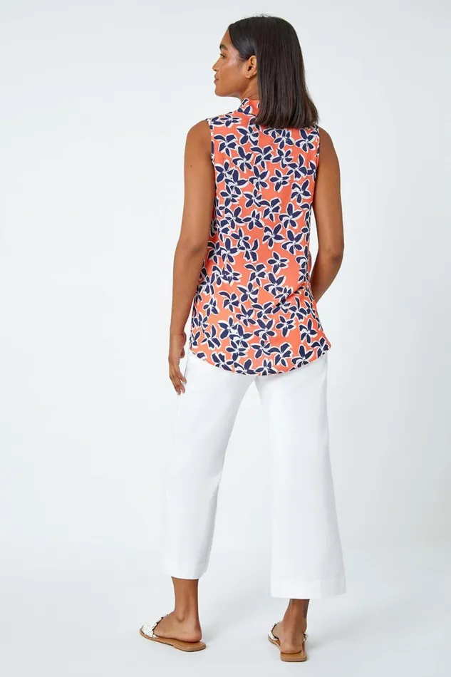Women Orange Sleeveless VNeck Floral Print Stretch Top Roman Tops