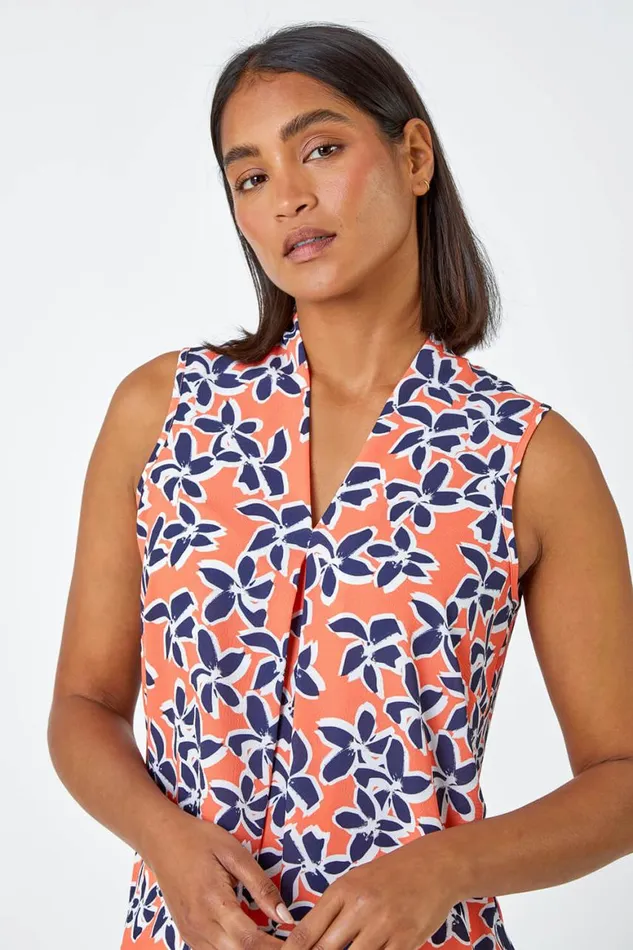 Women Orange Sleeveless VNeck Floral Print Stretch Top Roman Tops