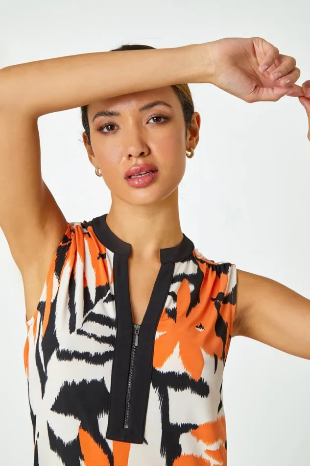 Women Orange Sleeveless VNeck Leaf Print Zip Top Roman Tops