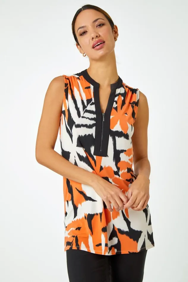 Women Orange Sleeveless VNeck Leaf Print Zip Top Roman Tops