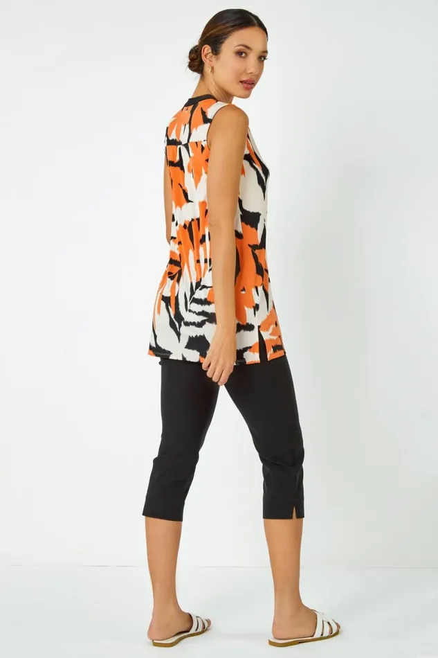Women Orange Sleeveless VNeck Leaf Print Zip Top Roman Tops
