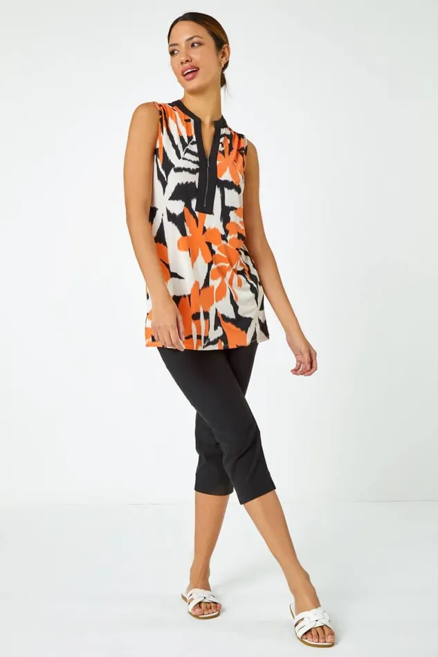 Women Orange Sleeveless VNeck Leaf Print Zip Top Roman Tops
