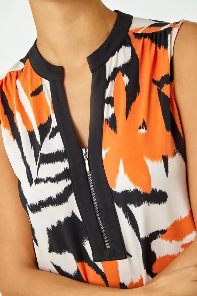 Women Orange Sleeveless VNeck Leaf Print Zip Top Roman Tops