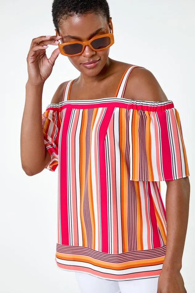 Women Orange Stripe Print Cold Shoulder Bardot Top Roman Tops