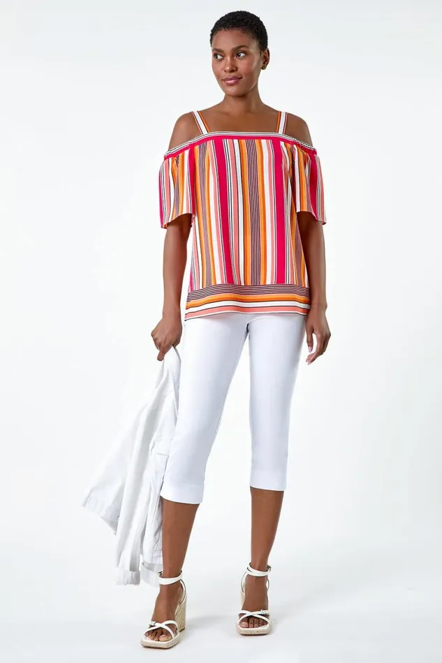 Women Orange Stripe Print Cold Shoulder Bardot Top Roman Tops