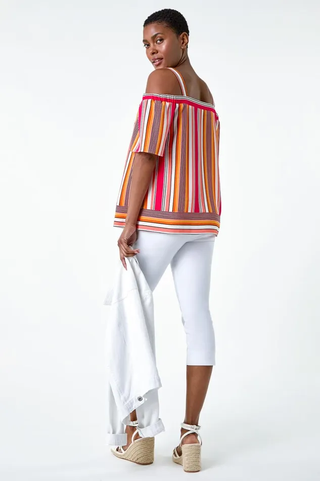 Women Orange Stripe Print Cold Shoulder Bardot Top Roman Tops