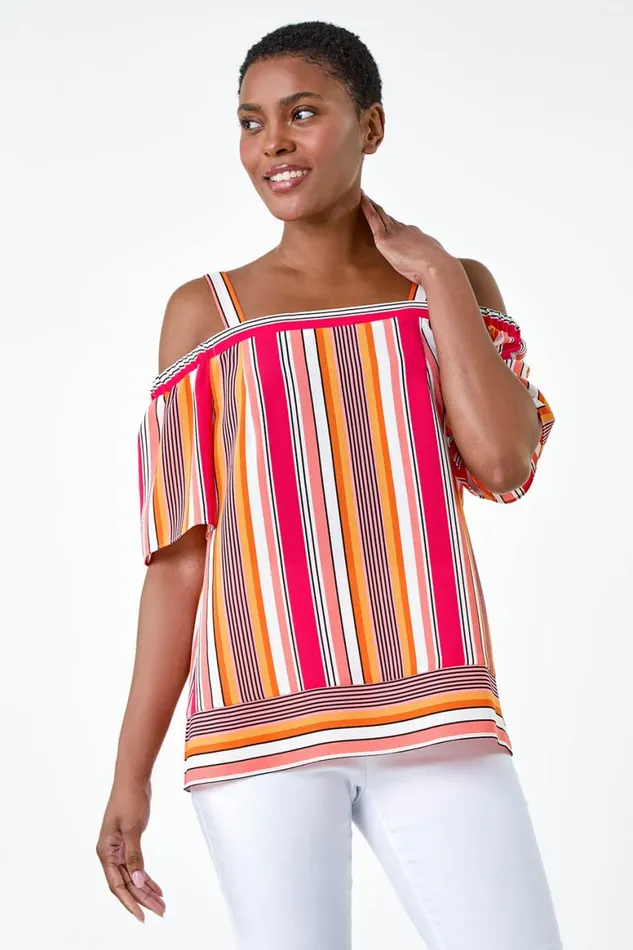 Women Orange Stripe Print Cold Shoulder Bardot Top Roman Tops