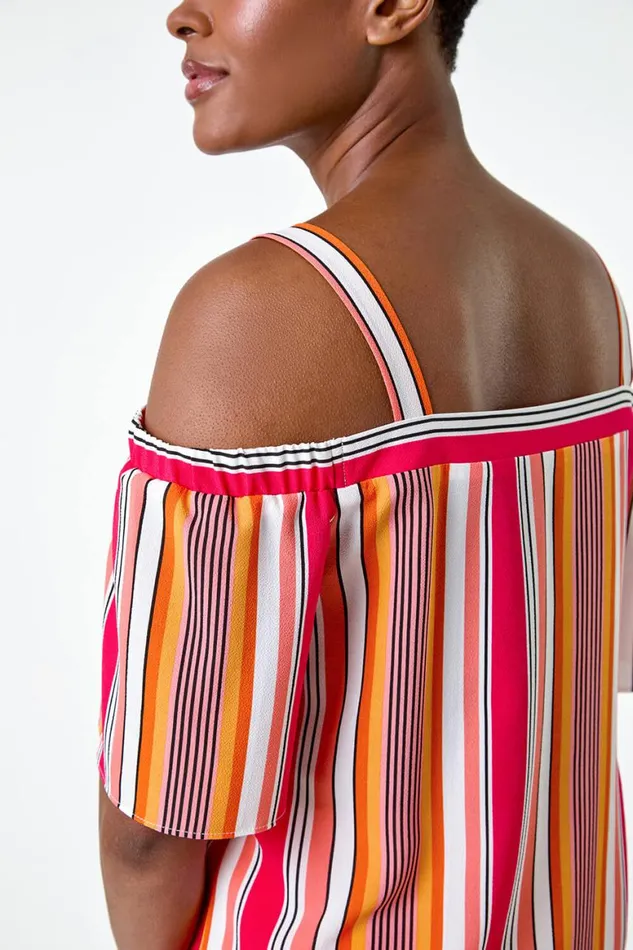 Women Orange Stripe Print Cold Shoulder Bardot Top Roman Tops