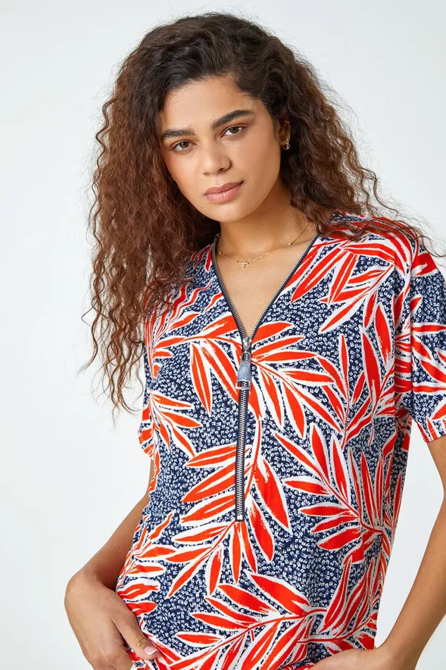 Women Orange Textured Leaf Zip Detail VNeck Stretch Top Roman Tops